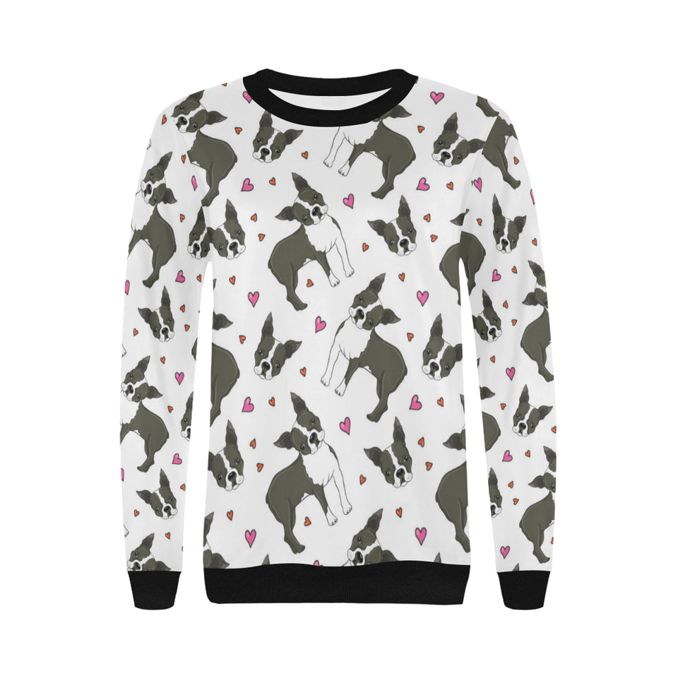 Boston terrier dog hearts vector pattern Women's Crew Neck Sweatshirt