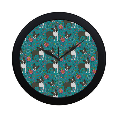 Boston terrier beautiful flower pattern Elegant Black Wall Clock