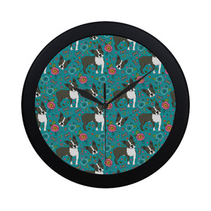 Boston terrier beautiful flower pattern Elegant Black Wall Clock