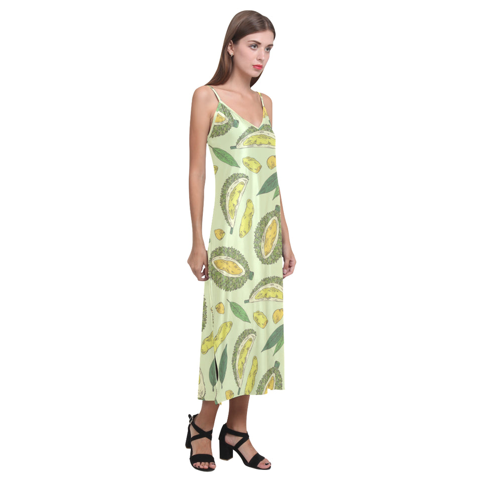 Durian leaves pattern background V-Neck Open Fork Long Dress