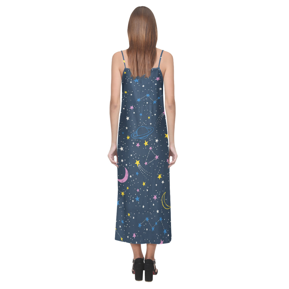 space pattern with planets, comets, constellations V-Neck Open Fork Long Dress