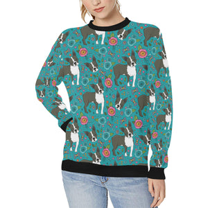 Boston terrier beautiful flower pattern Women's Crew Neck Sweatshirt