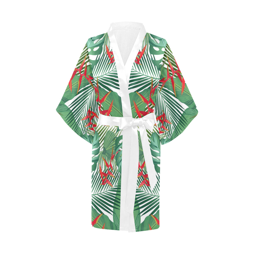 heliconia palm and monstera  leaves pattern Women's Short Kimono Robe