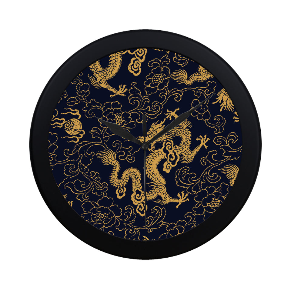 Gold dragon pattern Elegant Black Wall Clock
