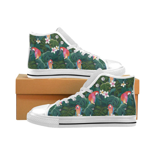 Parrot Palm tree leaves flower hibiscus pattern Men's High Top Canvas Shoes White