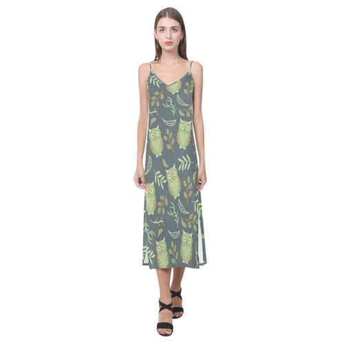 Cute owls leaves pattern V-Neck Open Fork Long Dress