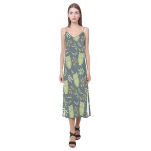 Cute owls leaves pattern V-Neck Open Fork Long Dress
