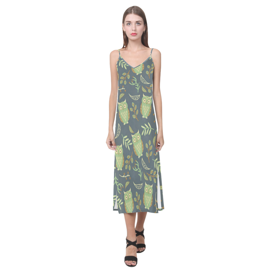 Cute owls leaves pattern V-Neck Open Fork Long Dress