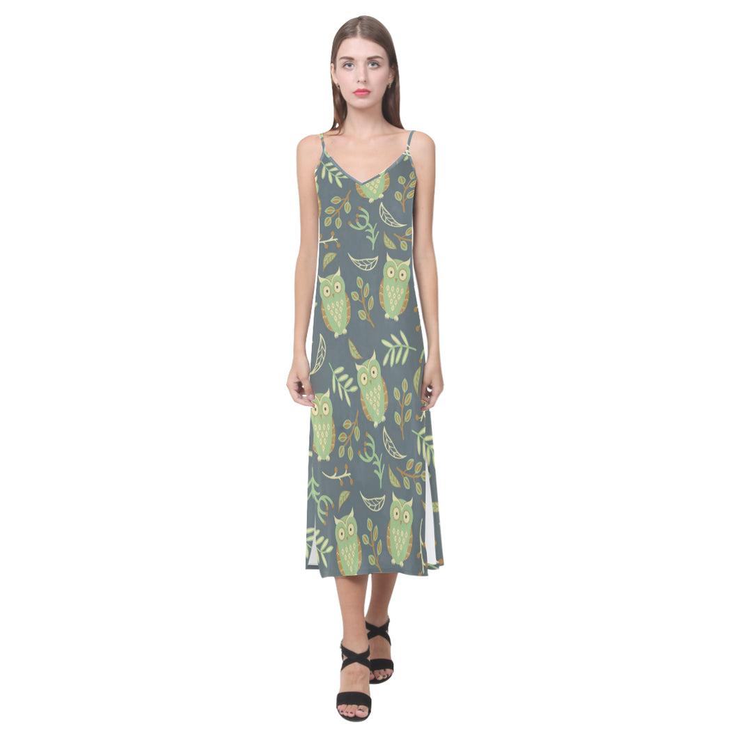 Cute owls leaves pattern V-Neck Open Fork Long Dress