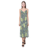 Cute owls leaves pattern V-Neck Open Fork Long Dress
