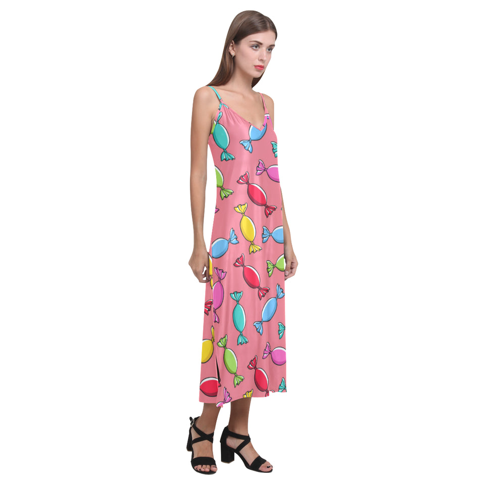 Colorful wrapped candy pattern V-Neck Open Fork Long Dress
