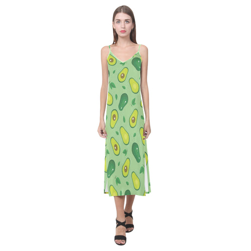 Avocado pattern green background V-Neck Open Fork Long Dress