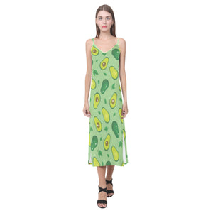 Avocado pattern green background V-Neck Open Fork Long Dress