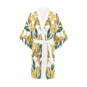 yellow tulips pattern Women's Short Kimono Robe