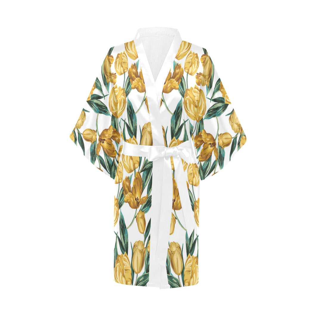 yellow tulips pattern Women's Short Kimono Robe