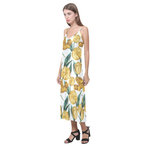 yellow tulips pattern V-Neck Open Fork Long Dress