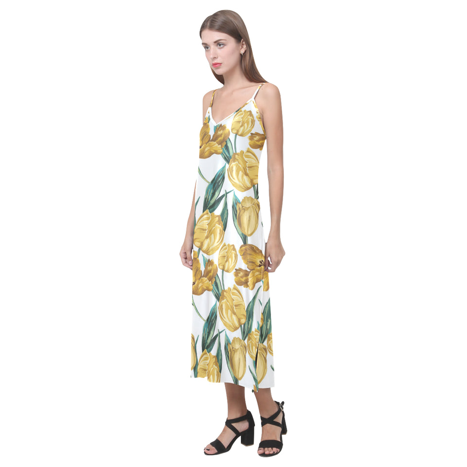 yellow tulips pattern V-Neck Open Fork Long Dress