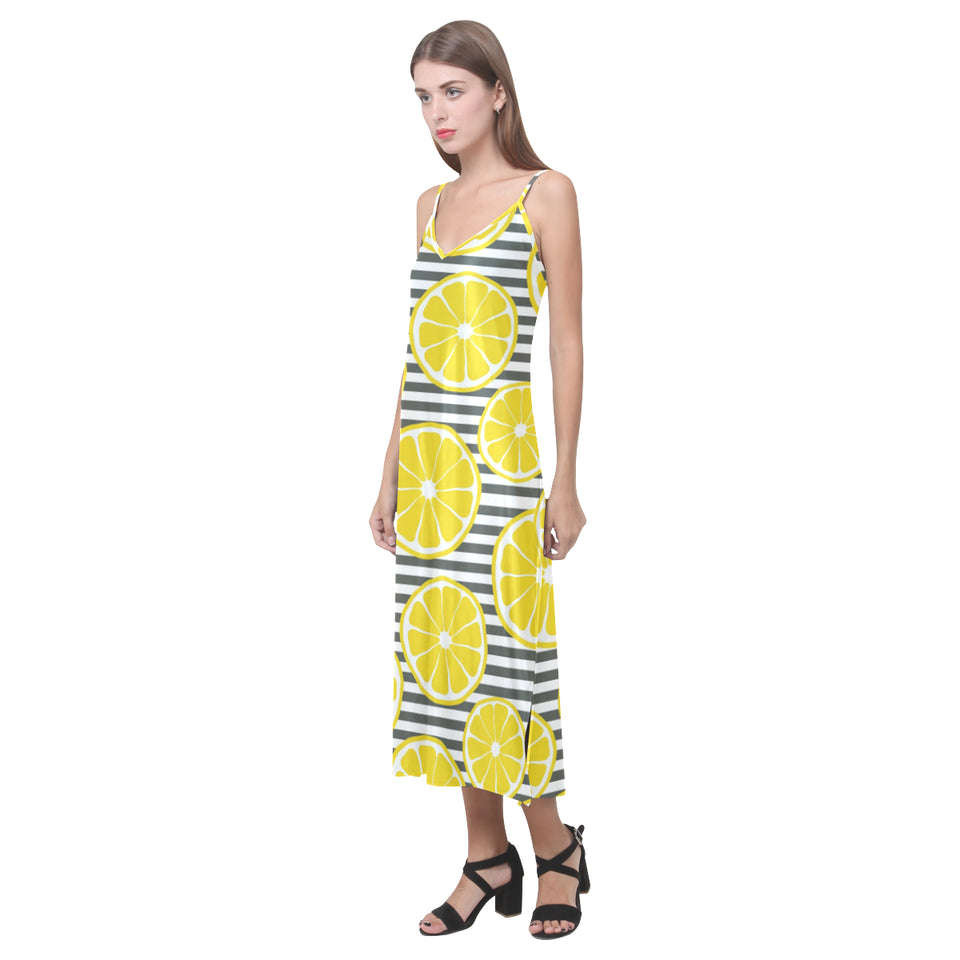 slice of lemon design pattern V-Neck Open Fork Long Dress