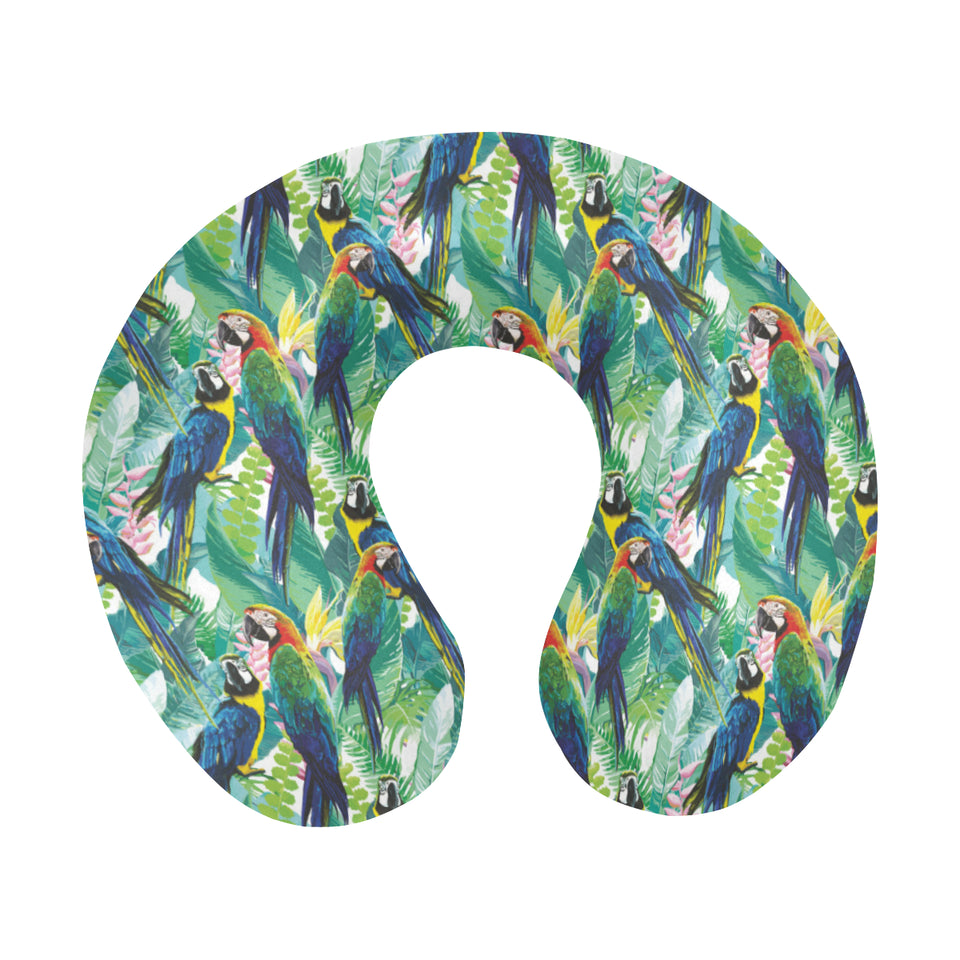 Colorful parrot exotic flower leaves U-Shaped Travel Neck Pillow