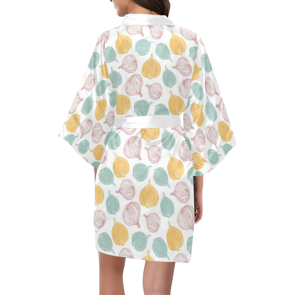 colorful onions white background Women's Short Kimono Robe