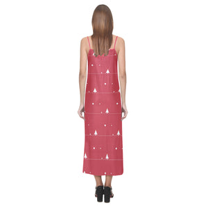 Christmas tree star snow red background V-Neck Open Fork Long Dress