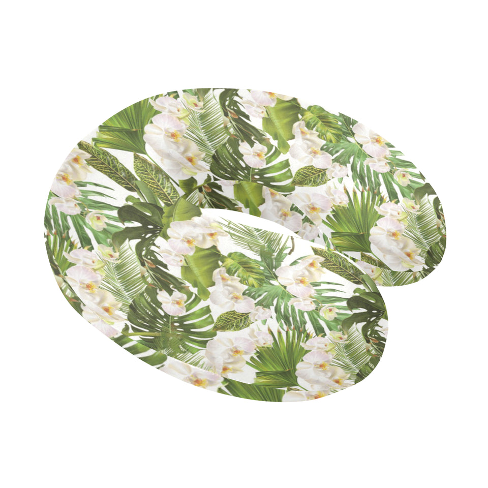 White orchid flower tropical leaves pattern U-Shaped Travel Neck Pillow
