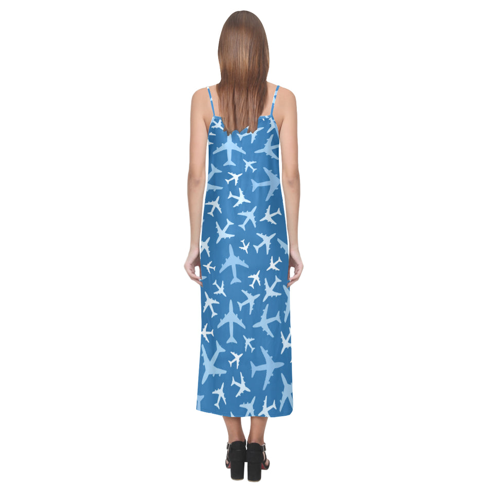 Airplane pattern in the sky V-Neck Open Fork Long Dress