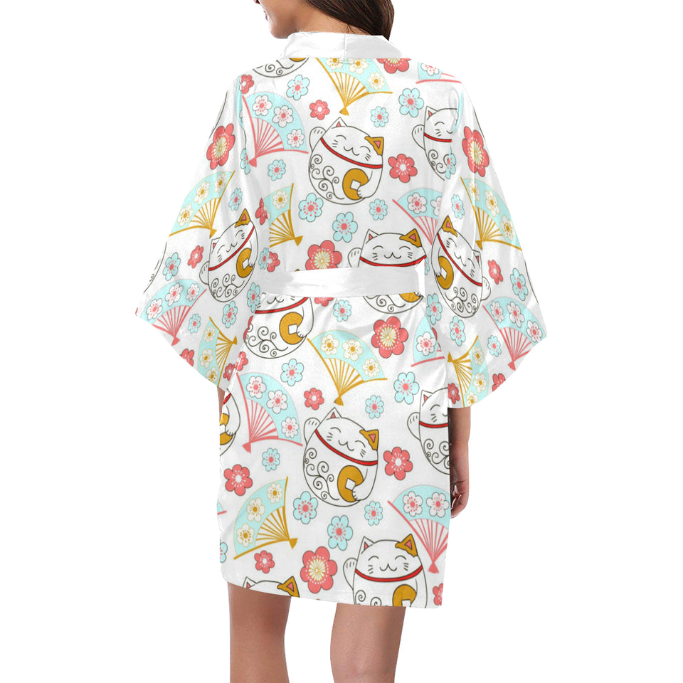 Maneki neko cat fan sakura Women's Short Kimono Robe
