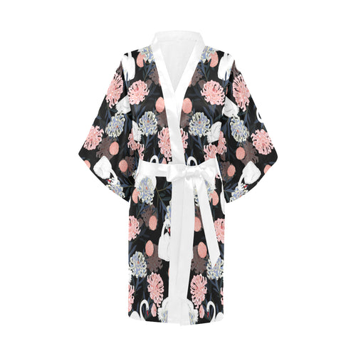 white swan blooming flower pattern Women's Short Kimono Robe