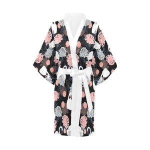 white swan blooming flower pattern Women's Short Kimono Robe