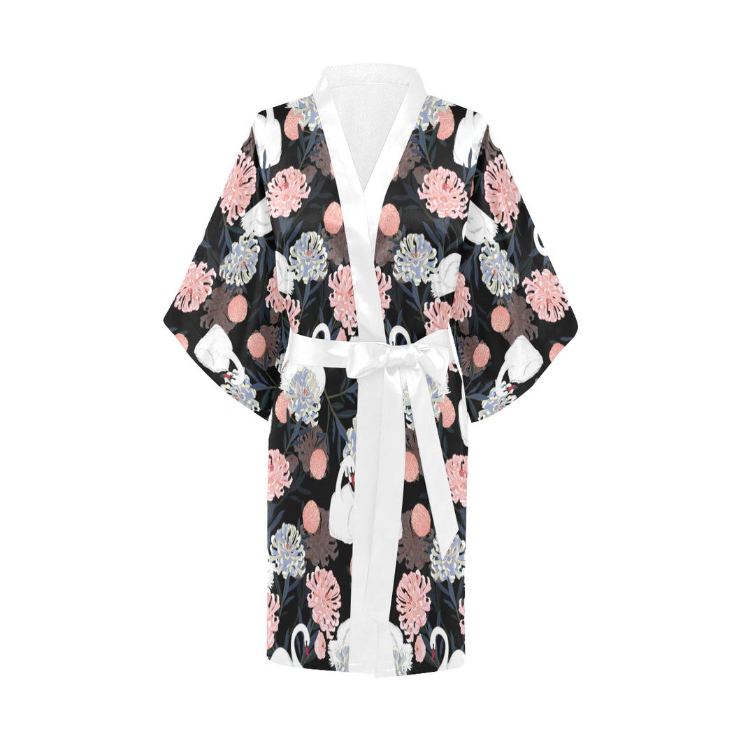 white swan blooming flower pattern Women's Short Kimono Robe