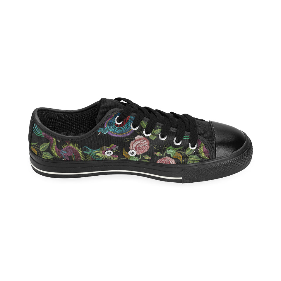 Dragons flower pattern Men's Low Top Canvas Shoes Black