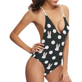 Cute white rabbit polka dots black background Women's One-Piece Swimsuit