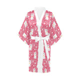 Maneki neko cat sakura pink background Women's Short Kimono Robe