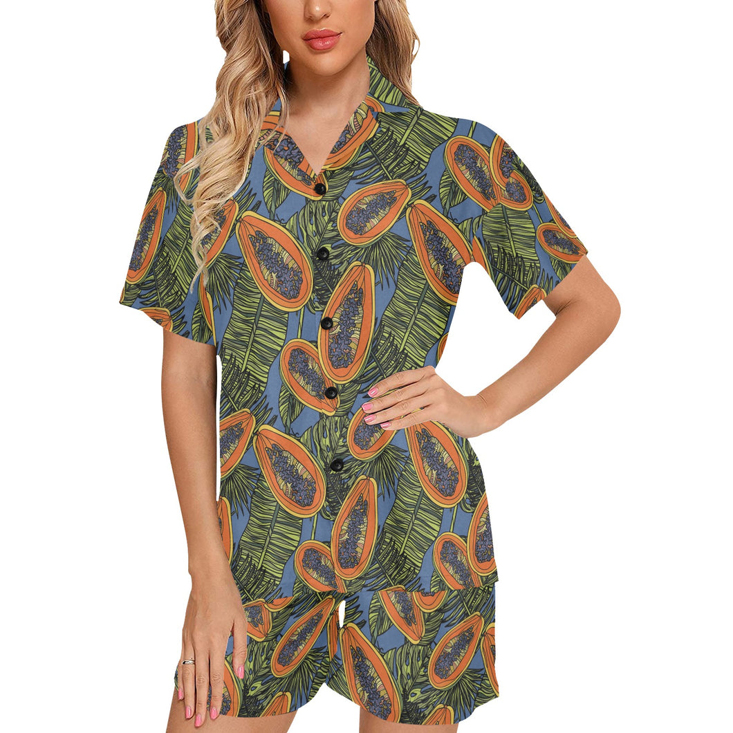 Colorful papaya tropical leaves Women's V-Neck Short Pajama Set