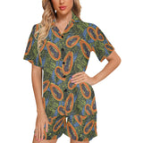 Colorful papaya tropical leaves Women's V-Neck Short Pajama Set