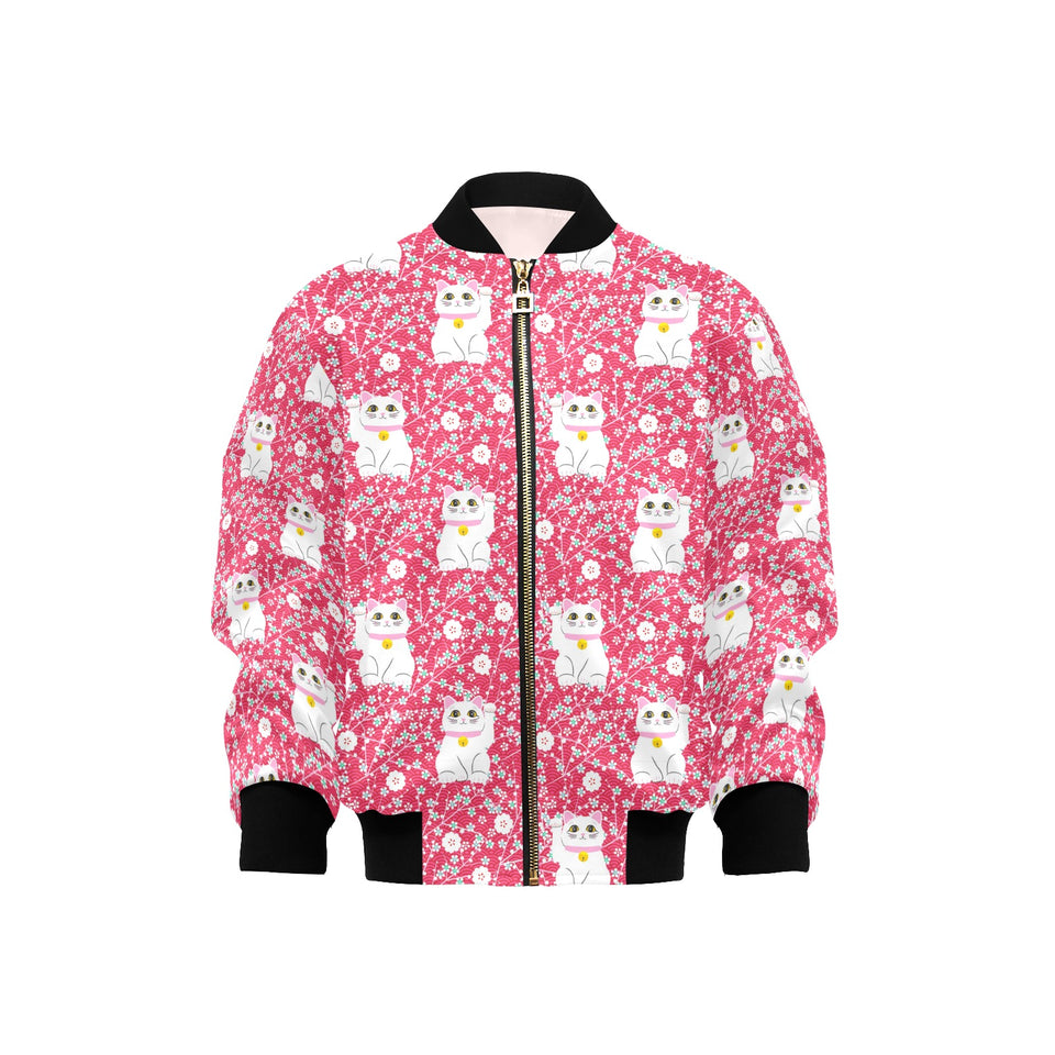 Maneki neko cat sakura pink background Kids' Boys' Girls' Bomber Jacket