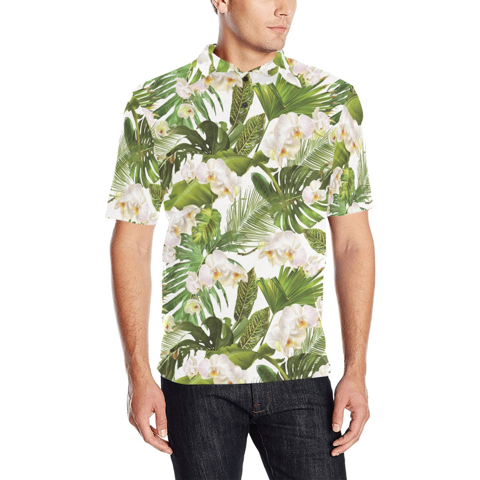 White orchid flower tropical leaves pattern Men's All Over Print Polo Shirt