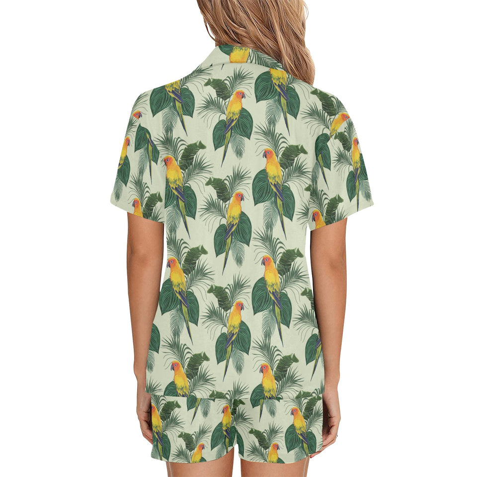 Beautiful parrot palm leaves pattern Women's V-Neck Short Pajama Set