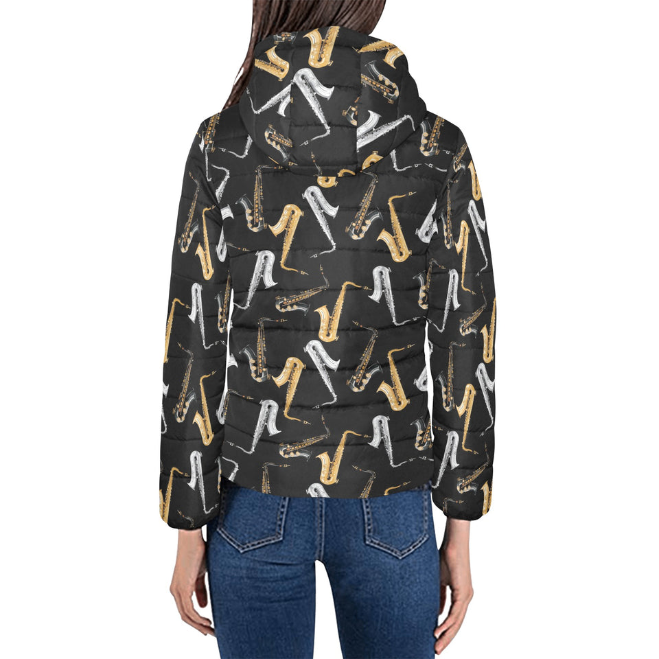saxophone design pattern Women's Padded Hooded Jacket