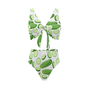 cucumber whole slices pattern Chest Bowknot High Waisted Bikini Swimsuit