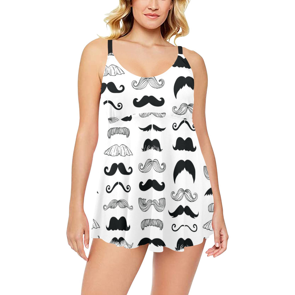 Mustache Beard Pattern Print Design 04 Chest Sexy Pleated Two Piece Swim Dress