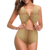 Wood Printed Pattern Print Design 05 Chest Bowknot High Waisted Bikini Swimsuit