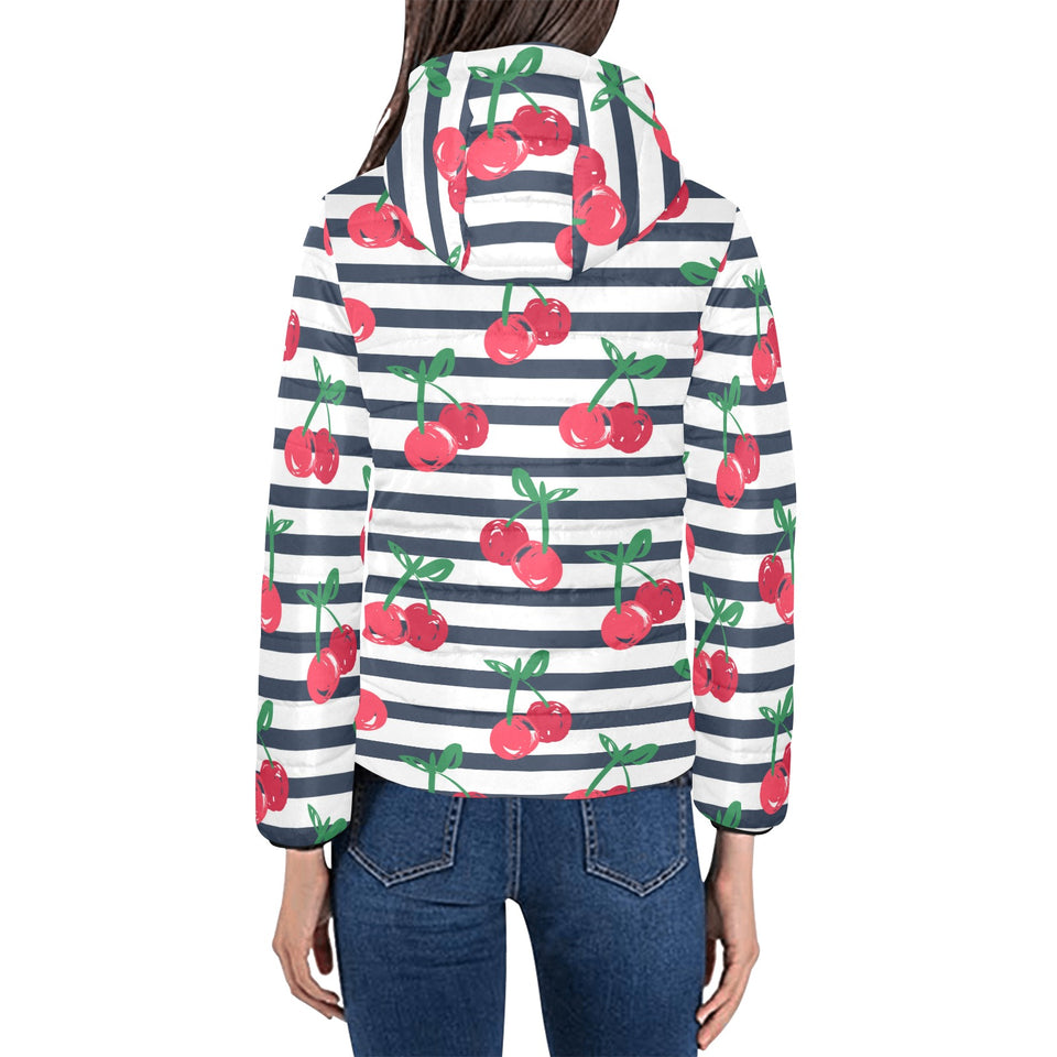 Hand drawn cherry pattern striped background Women's Padded Hooded Jacket