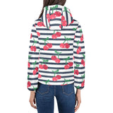 Hand drawn cherry pattern striped background Women's Padded Hooded Jacket
