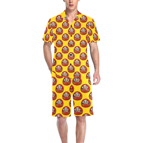 Daruma japanese wooden doll yellow background Men's V-Neck Short Pajama Set