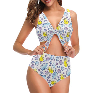 Duck Pattern Print Design 01 Chest Bowknot High Waisted Bikini Swimsuit