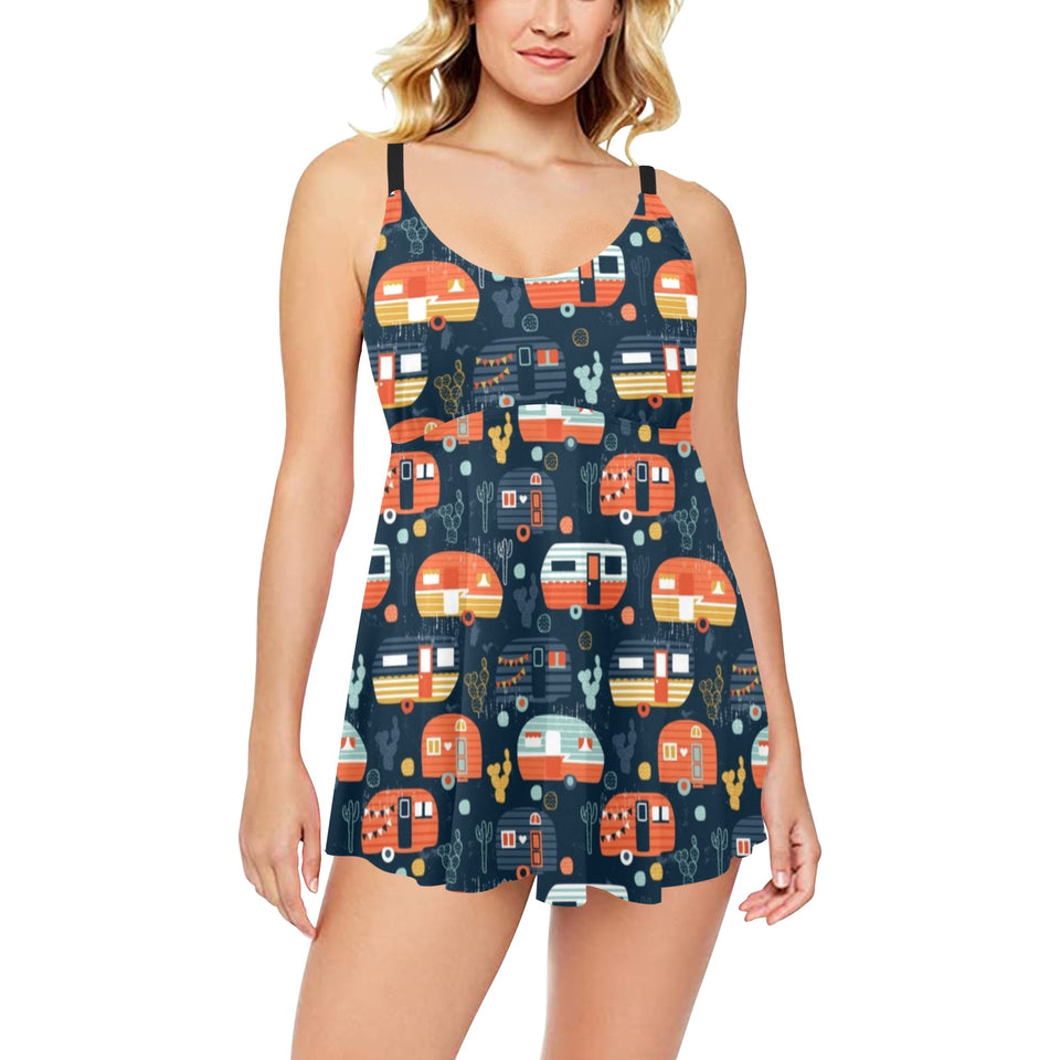 Camper Van Pattern Print Design 05 Chest Sexy Pleated Two Piece Swim Dress
