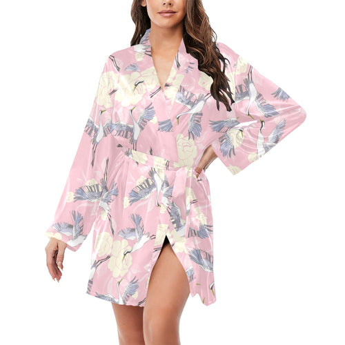 Japanese crane rose pattern Women's Long Sleeve Belted Night Robe