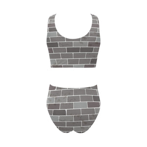 Brick Printed Pattern Print Design 05 Chest Bowknot High Waisted Bikini Swimsuit